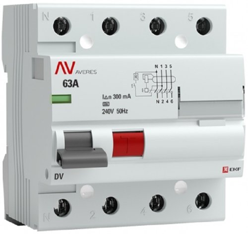 Выключатель дифференциального тока УЗО EKF Averes DV 4п 63А 300мА 10кА тип AC-S картинка